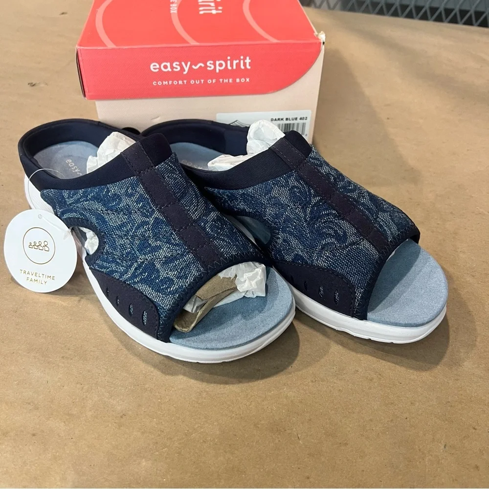 Easy Spirit Womens Traciee 7 Wedge Open Toe Slide Sandals Dark Blue SZ 8 - Picture 1 of 8